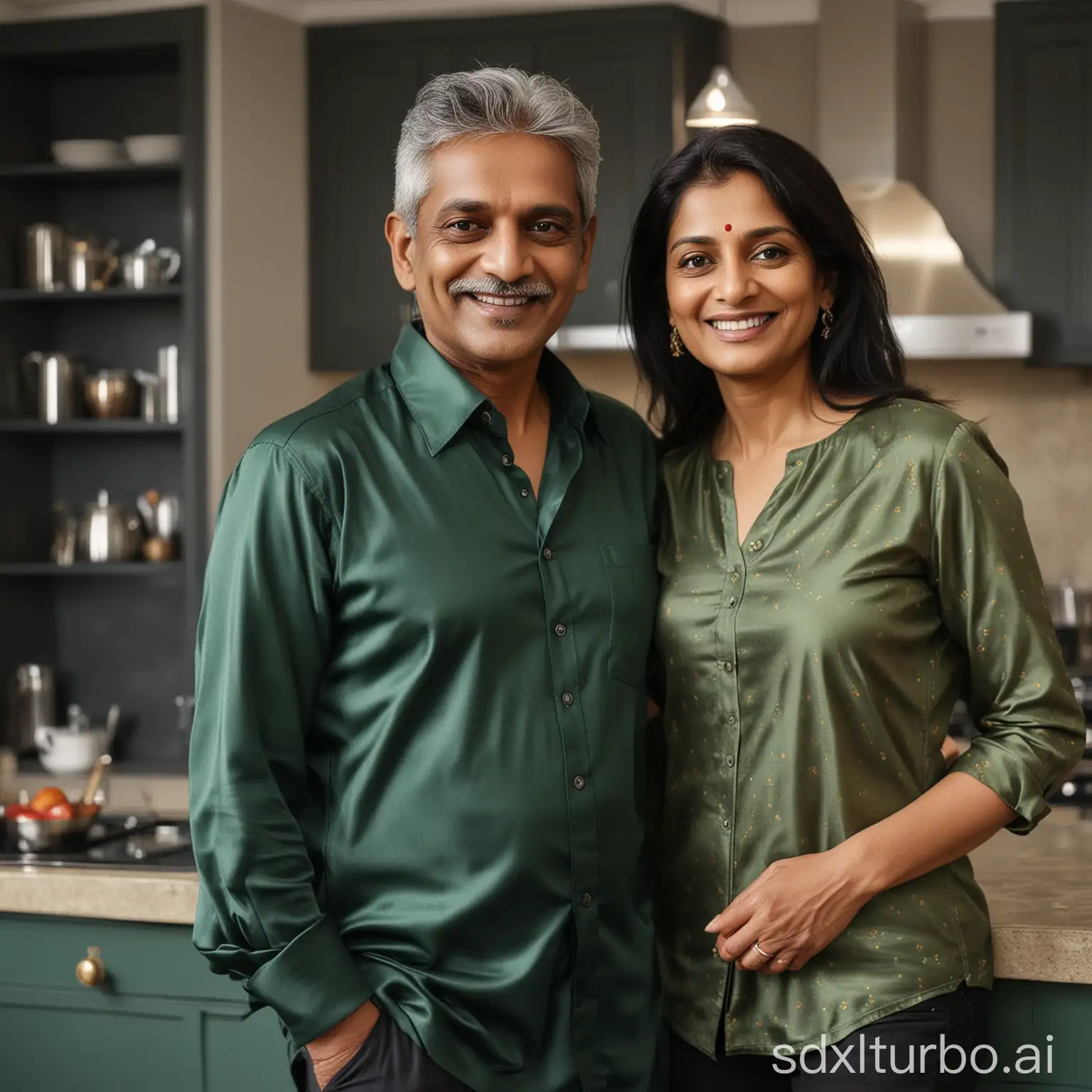 A beautiful Indian woman aged in her mid 50s wearing a satin dark green blouse, stood in her luxury kitchen next to her husband, an Indian man aged 55 wearing a smart grey shirt. Facing camera. Smiling. Bokeh effect. Realistic textures.