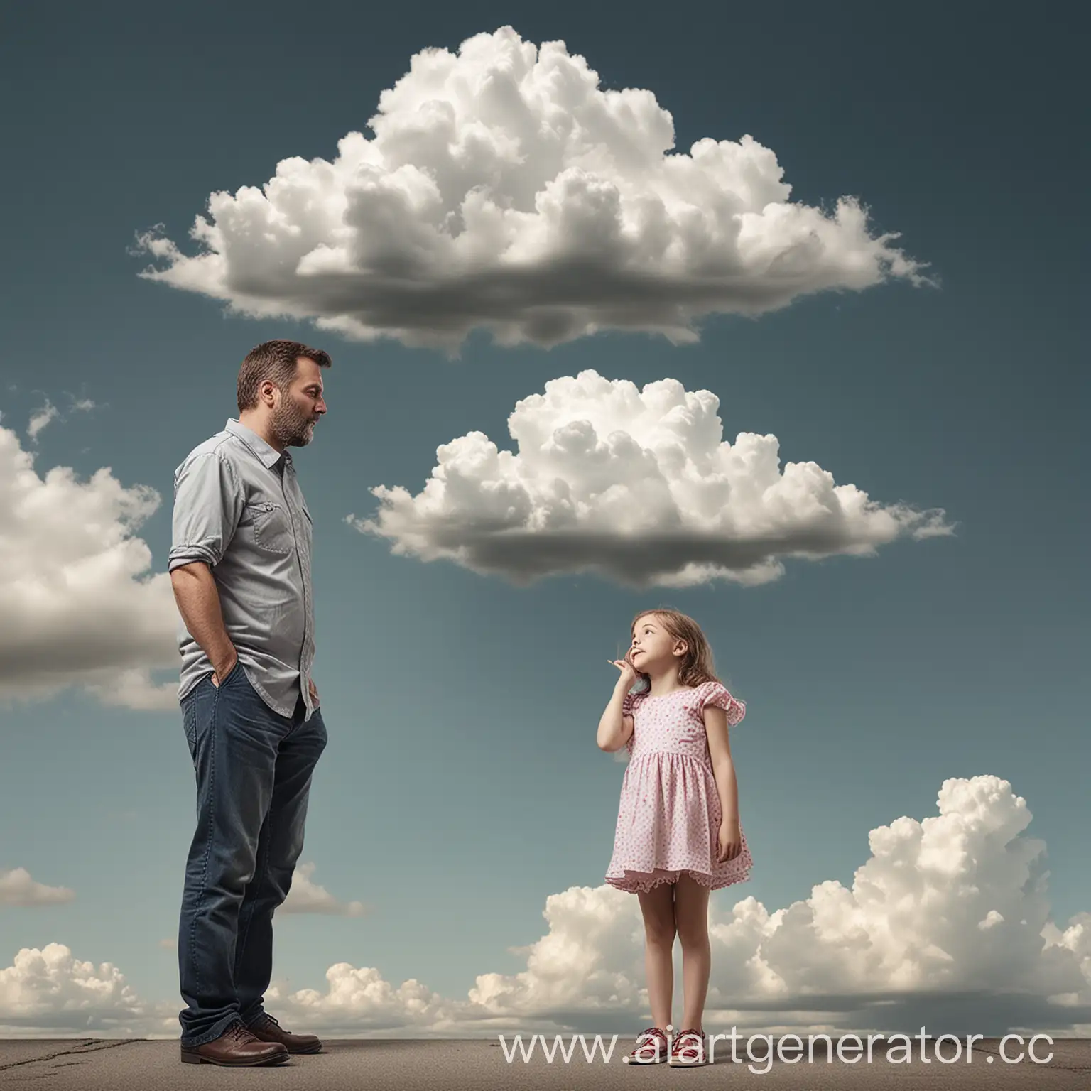 An image of a little six-year-old girl standing next to an adult man. The problems of a small child above his head are just as small in the form of clouds, and men have problems above their heads with large clouds