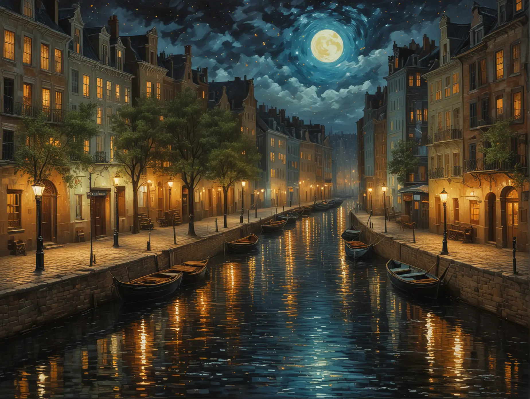 Van-GoghInspired-Nighttime-Cityscape-with-Golden-Lights-and-Reflections