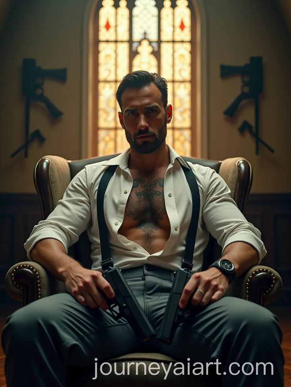 Man-Holding-Guns-in-a-Luxurious-Setting-with-Gothic-Stained-Glass-Window