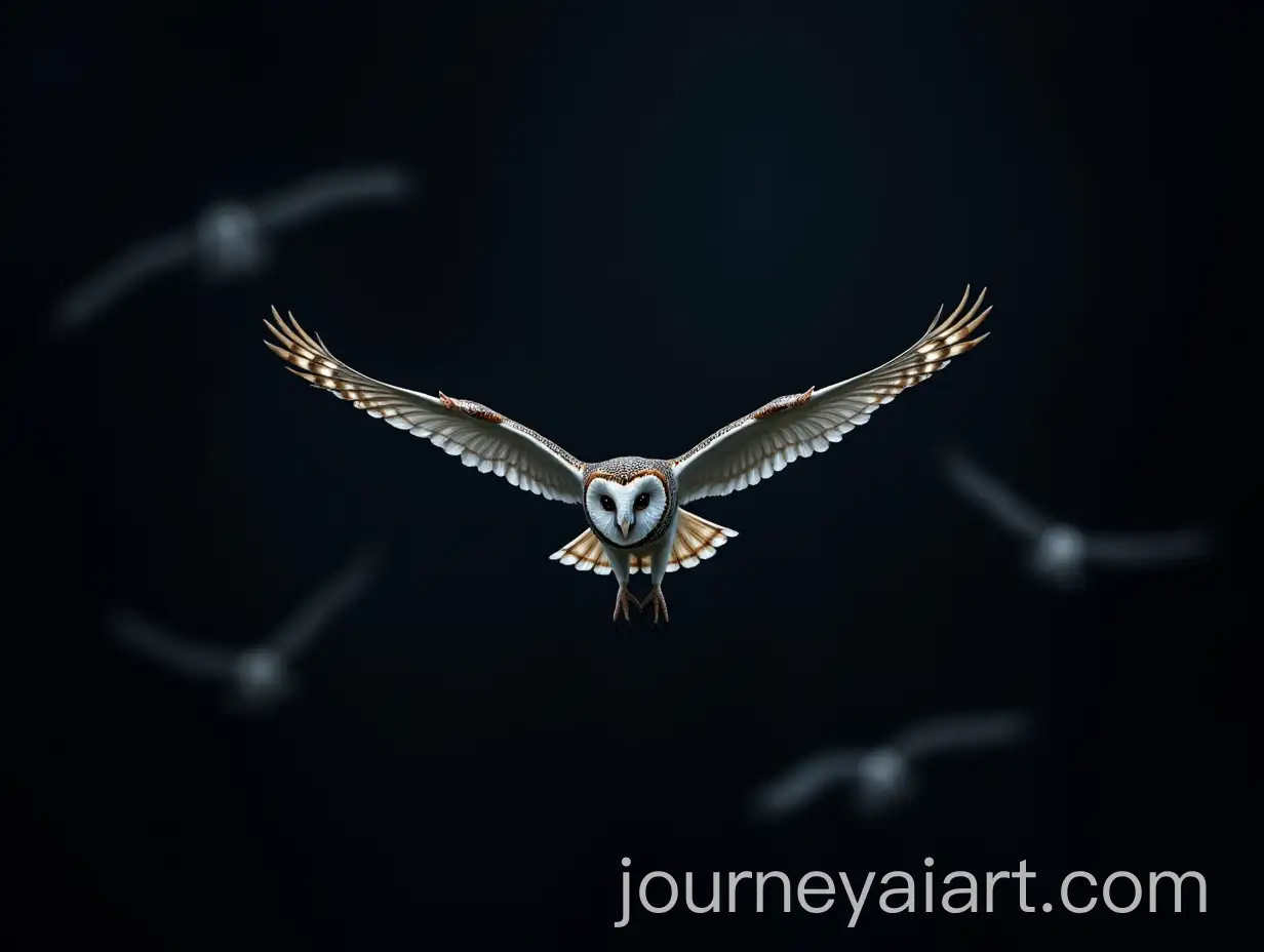 Four-Owls-and-a-Barn-Owl-in-Flight-Under-a-Starry-Night-Sky