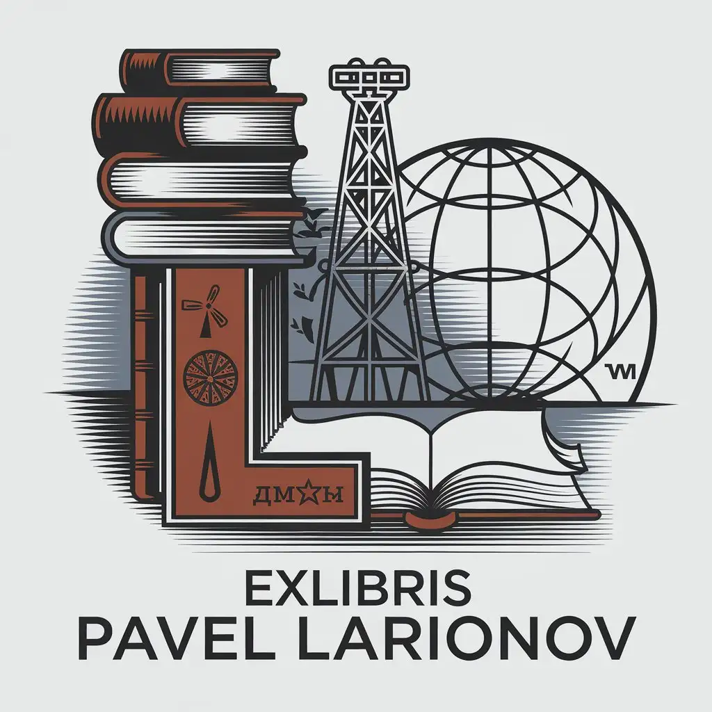 a vector logo design,with the text "Exlibris Pavel Larionov", main symbol:Exlibris: stack of books, open book, drawing on the background of an oil derrick, wind rose and globe.,Moderate,clear background