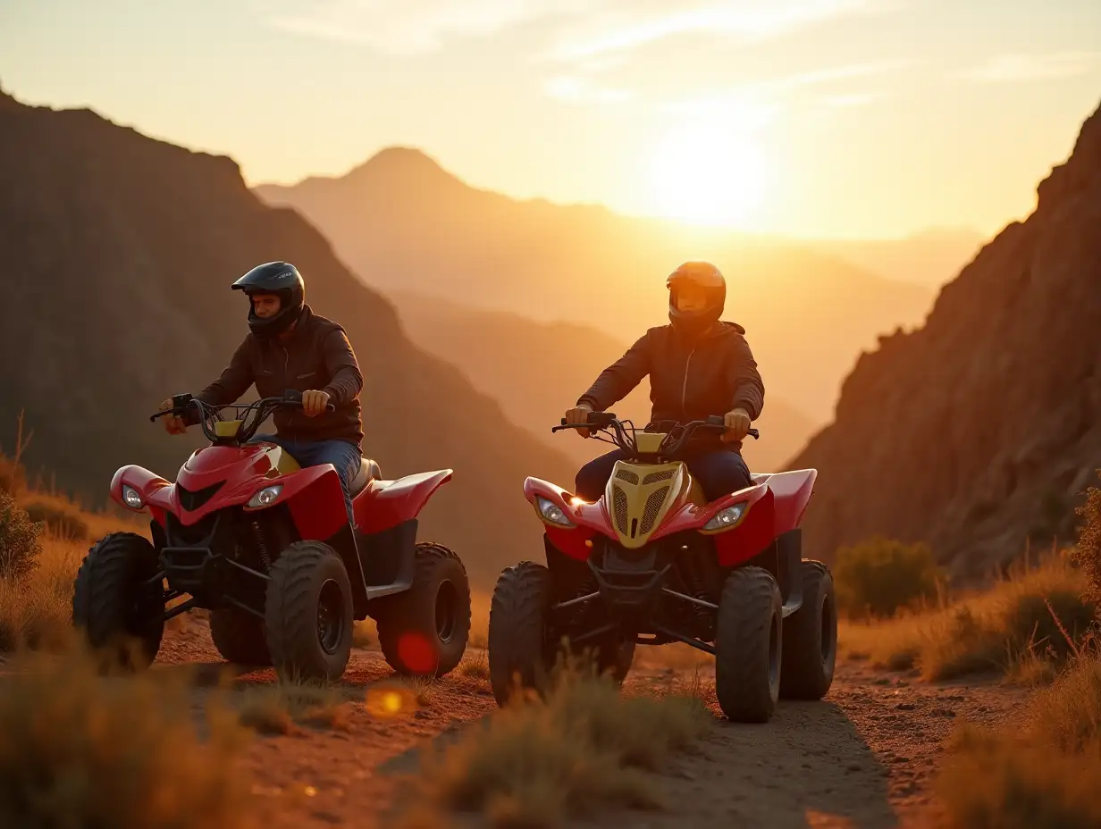 2 quad bike riders are riding along a mountain trail, so they are almost at the top of the mountain, the mountains are rocky but with little vegetation, a sunset sunny day and a lot of sunset sunlight, the newlyweds are in focus, and the background behind them is blurred