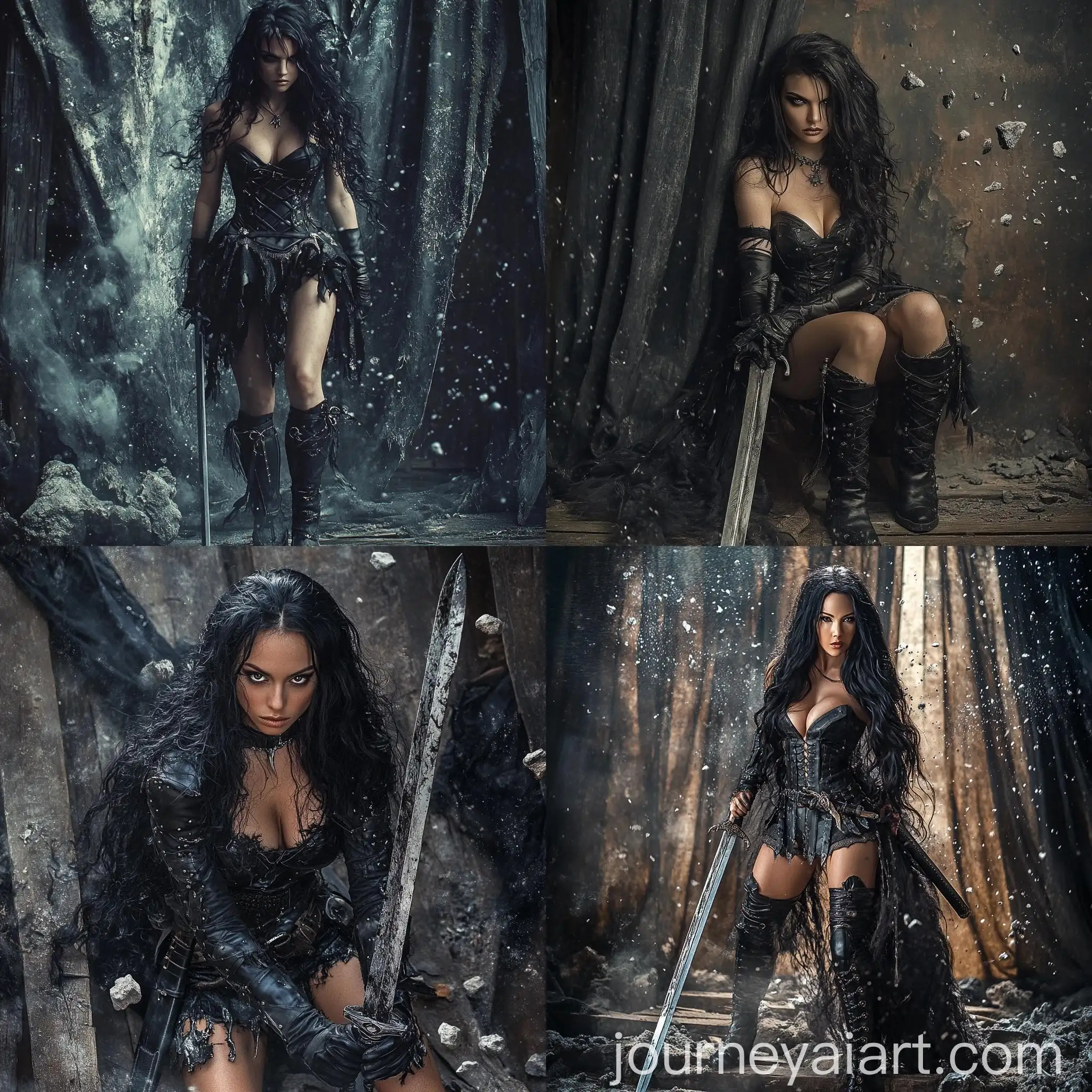 Hyperrealistic-Warrior-Woman-with-Sword-in-Leather-Dress-and-Fur-Curtains-Background