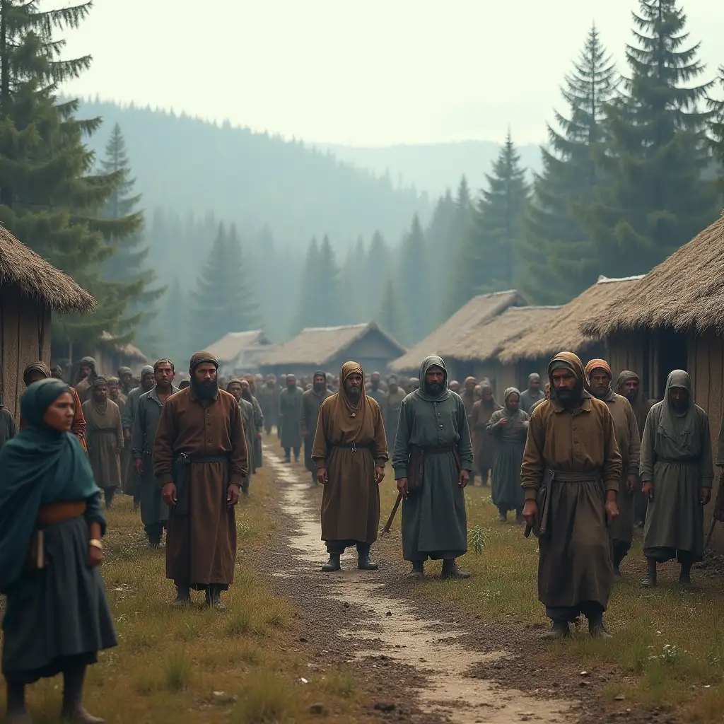 Villagers-Preparing-for-Work-in-a-Pine-Forest-Village