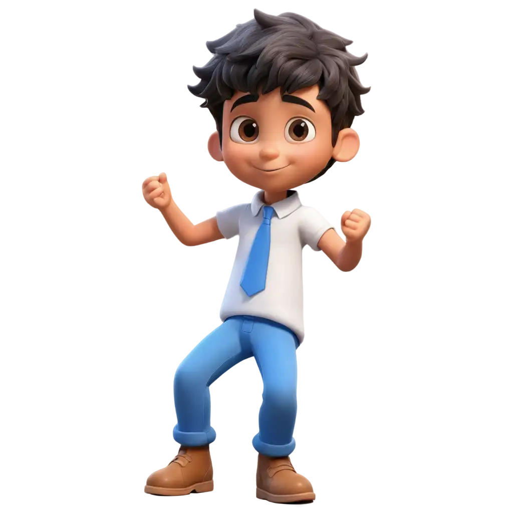 A cartoonish 3D boy wearing blue pants and a white shirt, sitting on a curved upward-pointing arrow