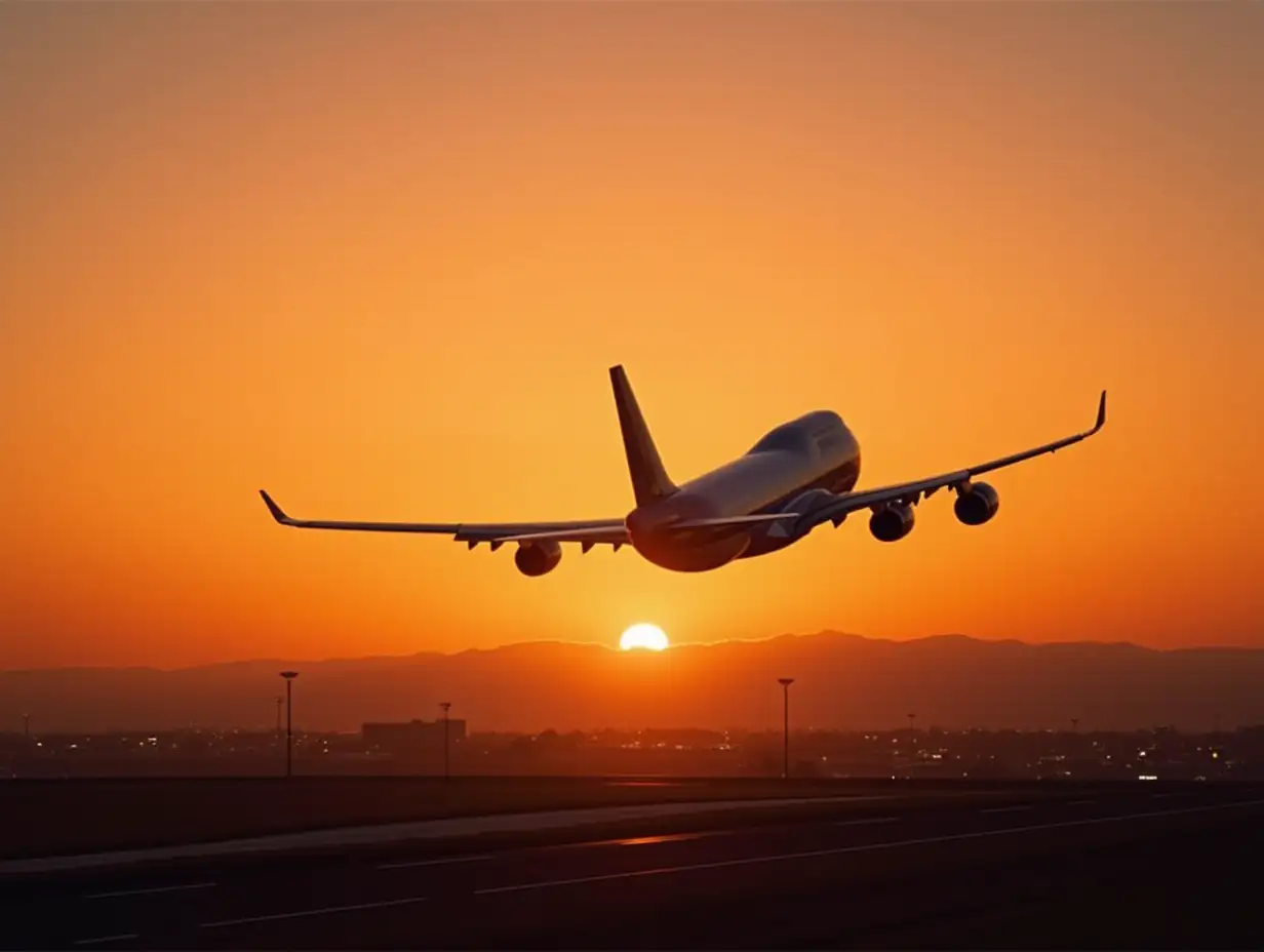 Create an image of a Boeing 747 during sunset while making the landing approach to Los Angeles. Make it clear that it's Los Angeles.