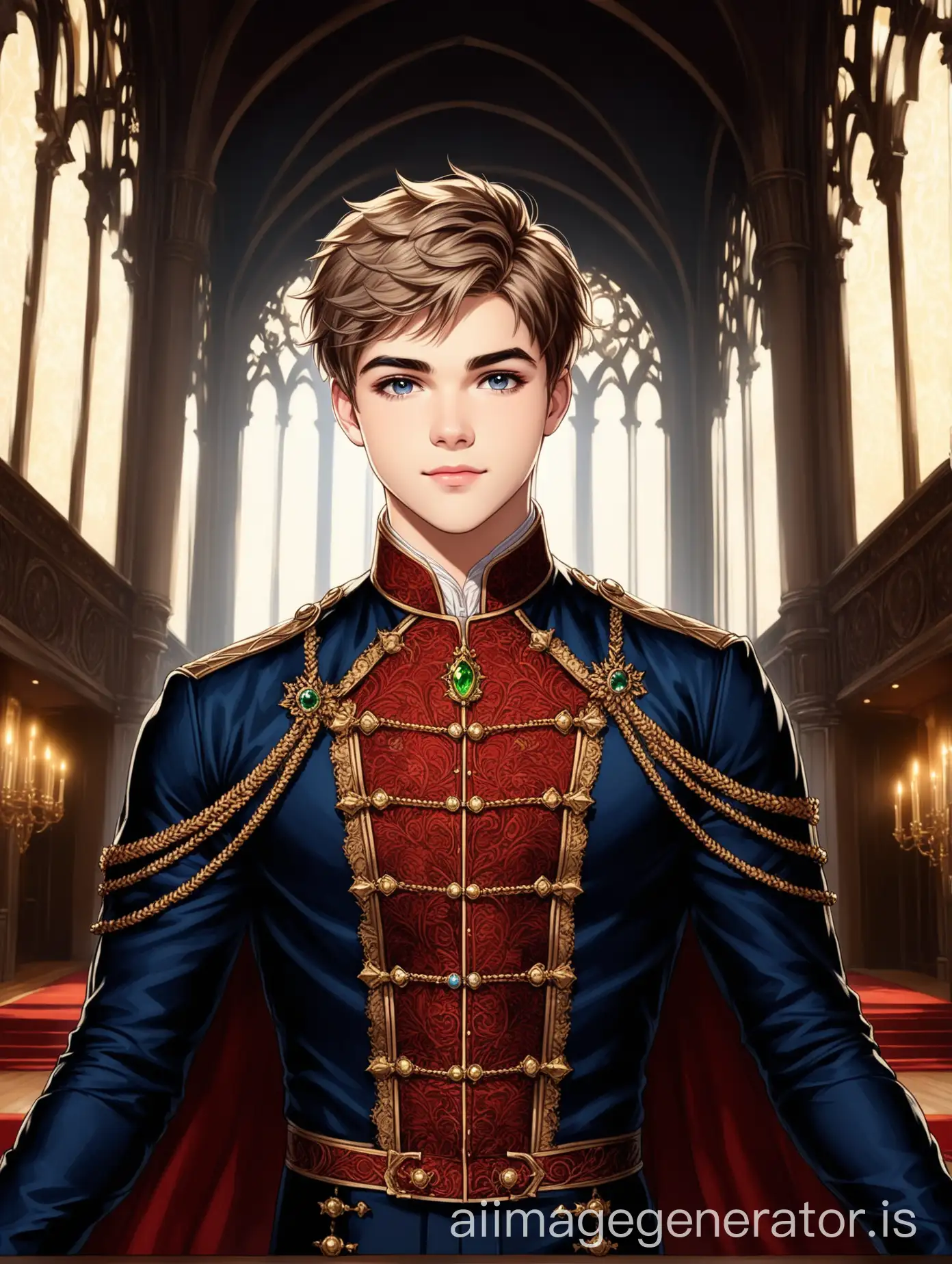 neo-baroque mixed with victorian era style painting, ((actor Jack Griffo, age 25)), ((symmetric eyes)), ((averagely fit male physique)), handsome yet a bit aloof demeanor, ((proud facial expression)), male vampire noble, around visibly 28 years of age while being much older in the context of being a vampire, ((perfect eyes, vibrant eyes, symmetric eyes)), ((averagely fit male physique)), handsome yet a bit aloof demeanor, ((proud facial expression)), a bit fierce looking with his dark blue and grey mixed colored eyes, rather short and neatly presented hairstyle, male prince of a noble european vampiric kingdom, east-european high concept interior design, time of day must be visibly the early night evening hours with moonlight entering through the windows of the castle, absolute congruence in scenario at a castle's ballroom in relation to light source in form of 1 candelabrum in the ballroom, lush furniture fitting a fantastical castle, sensual outfit that combines male wardrobe as royal garment and neo-gothic inspired fashion elements, 4K, clear pixels, golden ratio, detailed skin texture, accurate anatomic proportions, accurate sense of distances and his position inside the room, volumetric shadow, digitally painted with cinematic depth and clean lines, golden ratio, sharp focus, (rich and detailed background in accurate aspect and size ratio compared to his body's size:1.4), (utmost important: medium full-shot)