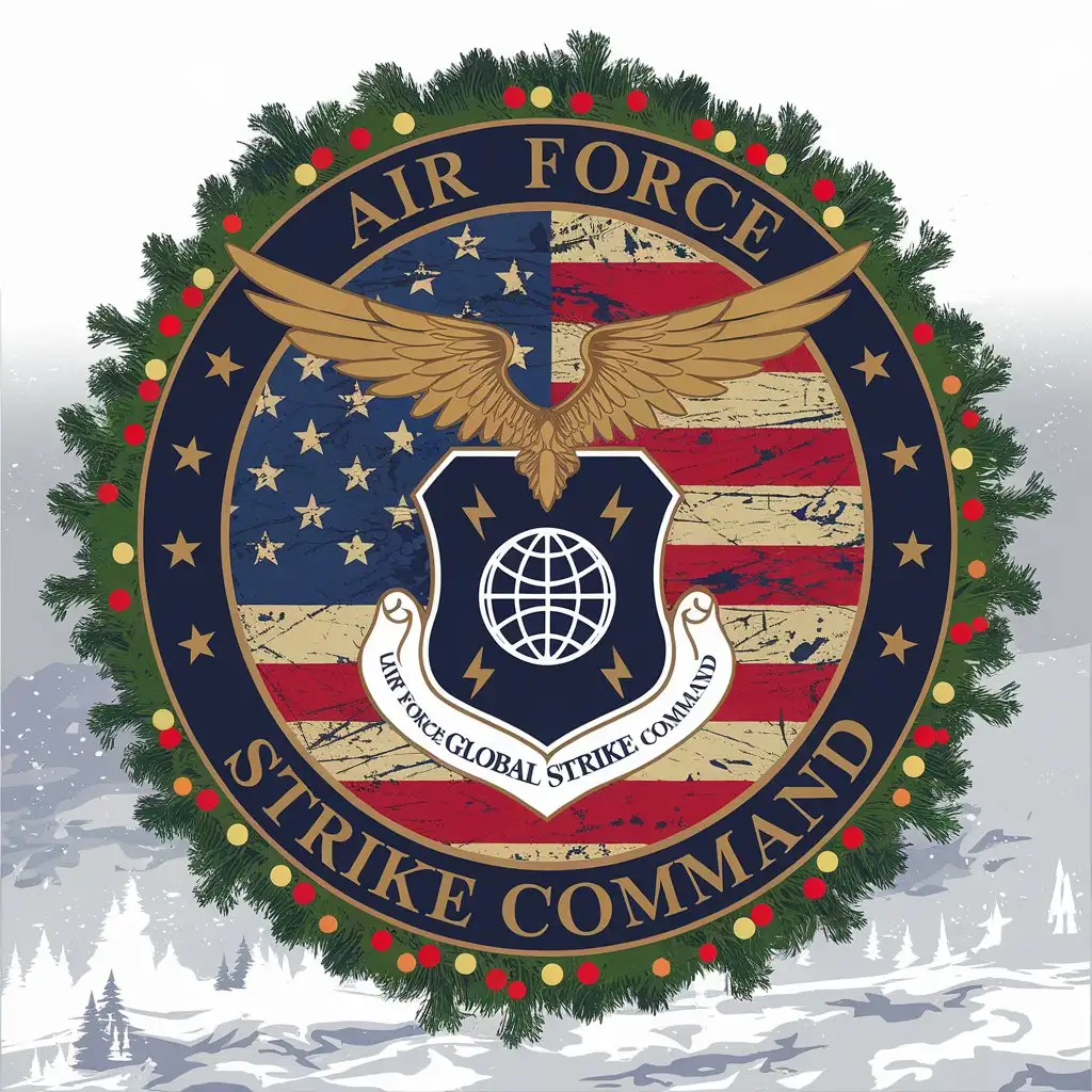 LOGO Design for Air Force Strike Command ChristmasThemed Medal with Wings Globe Lightning Distressed American Flag