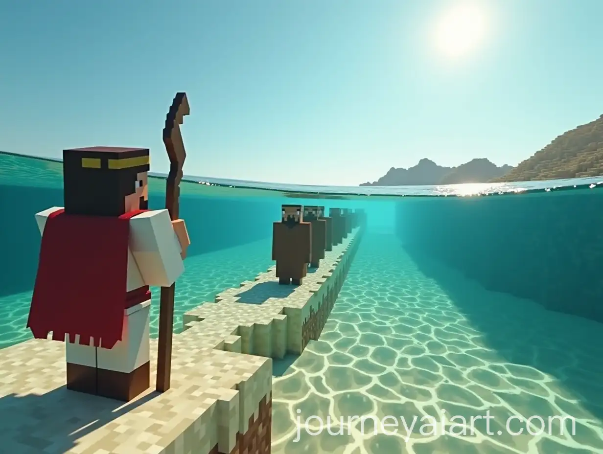 Minecraft-Character-as-Moses-Parting-the-Red-Sea-with-Jewish-People-Walking-Through