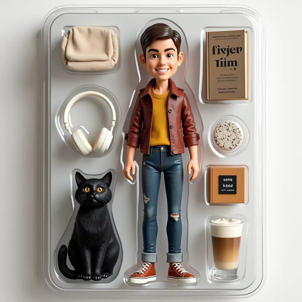 Use this photo of me to create an action figure of myself in a blister pack, in the style like a premium collectible toy. The figure should be standing up and have a relaxed, friendly smile. The blister pack should have a header with the text Stasya in large letters and a subheading of edrit madrid below it. Include accessories in compartments to the side of the figure: fluffy black cat, big white headphones, book about psychology, ice latte