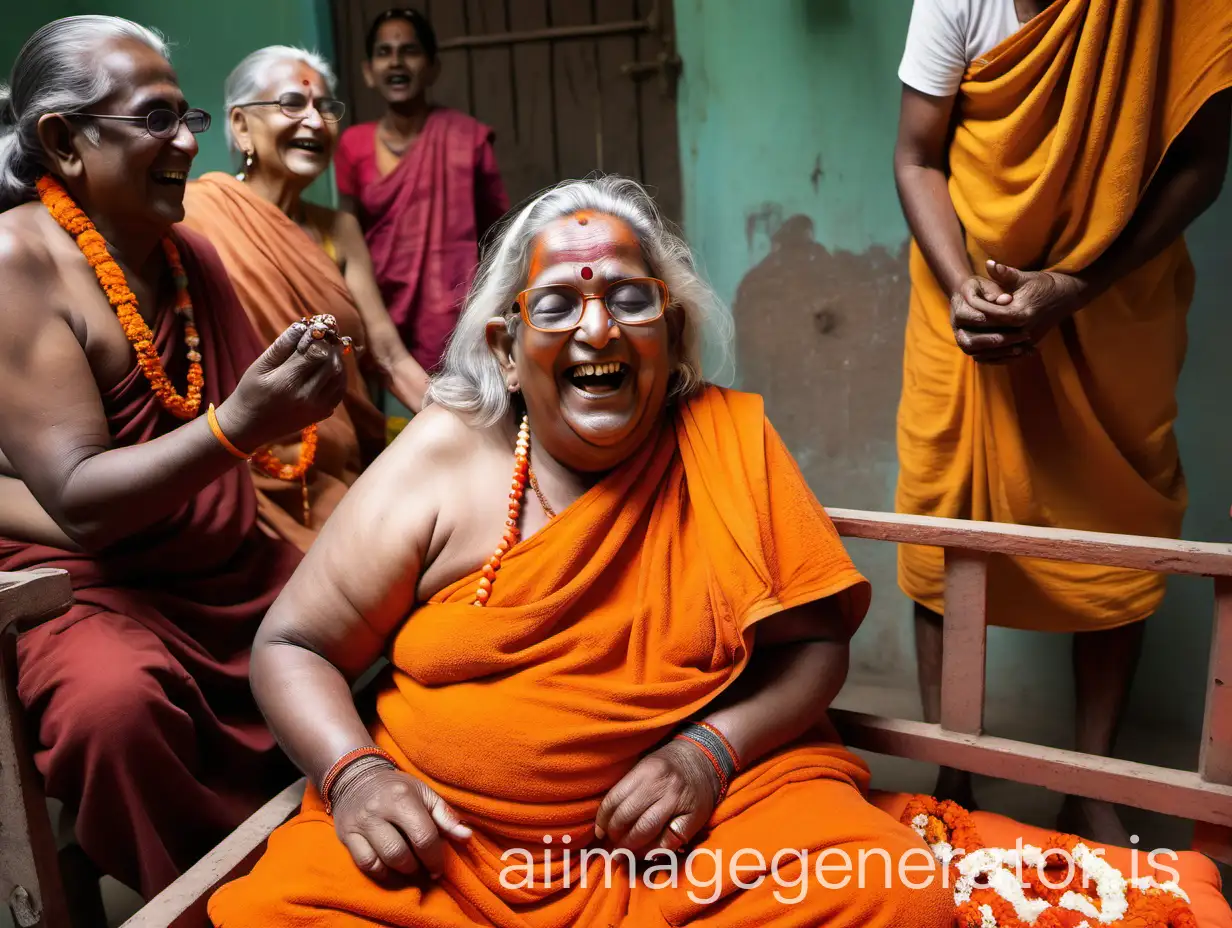 Elderly-Hindu-Monk-Woman-Laughing-Happily-with-Goat-and-Chanting-Beads-in-Ashram