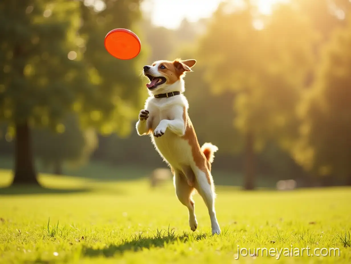 Dog-Catching-Frisbee-in-SunDrenched-Park-Full-of-Joy