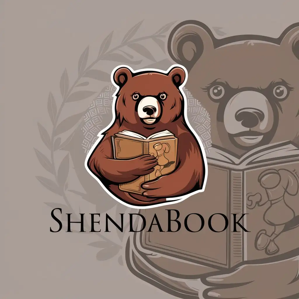 a logo design,with the text "ShendaBook", main symbol:Book, brown bear,Moderate,clear background