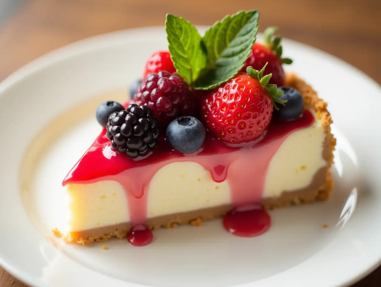 Delicious-Cheesecake-Slice-with-Fresh-Berries-and-Mint-Leaves