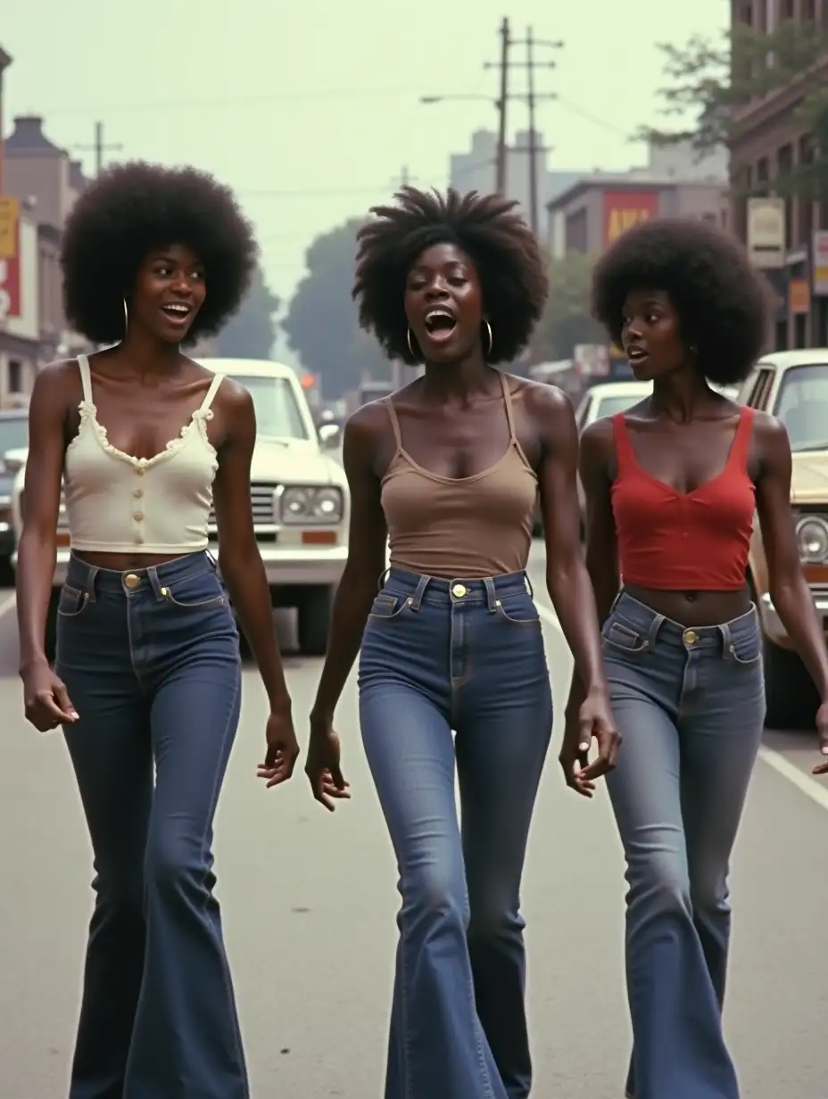 Realistic HD 8K color photo: 3 MUSCULAR FIT busty young dark ebony African Black Women with black afros walking toward the camera, shaking her fists, shouting: 'Free Nathan Caine!' Photo taken in 1974 in Toronto, vintage cars and clothing, bellbottom jeans, tanktops. 096, 311, 127.