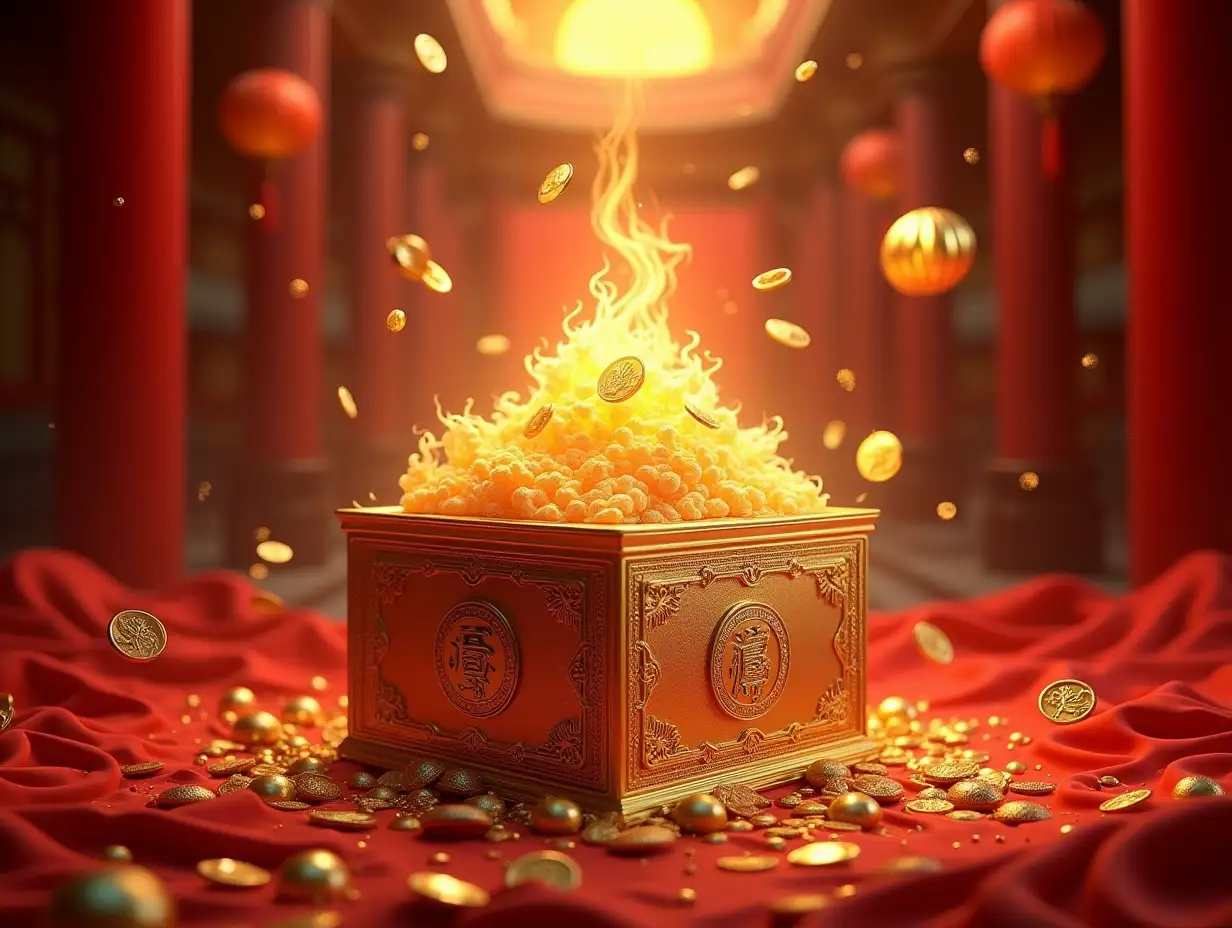 Lunar Prosperity Spectacular golden treasure box with flowing cloud motifs and lucky symbols, surrounded by cascading red silk fabrics, floating golden coins, burning incense creating mystical atmosphere, detailed architectural elements of traditional Chinese palace, cinematic composition, artfully balanced lighting highlighting intricate details, executed in traditional Chinese painting style mixed with photorealism, rendered in 8K Negative prompt: Poor quality textures, wrong cultural references, modern elements, incorrect symbols, anime influence, cartoon style, cheap materials, wrong historical period, contemporary design elements, western decorations