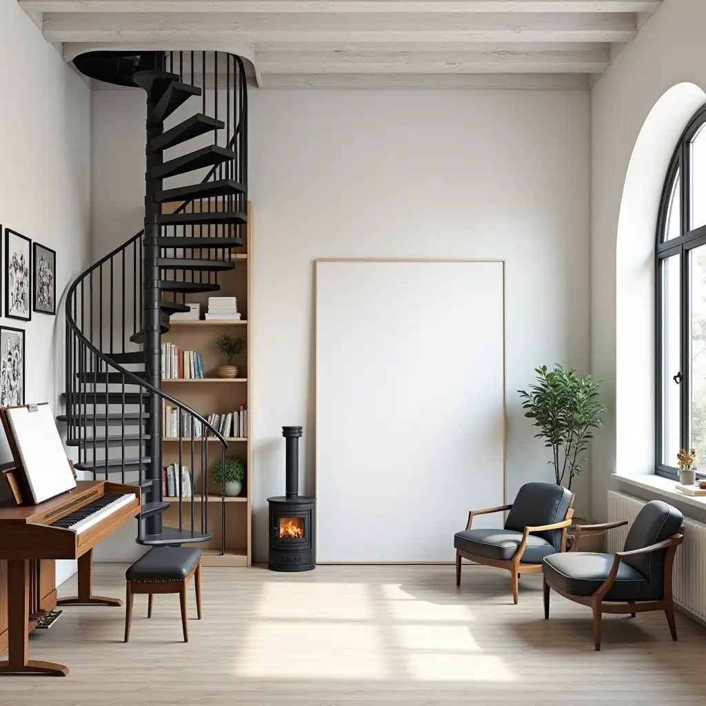 Artist-Studio-with-Piano-Spiral-Staircase-and-Black-Arch-Window