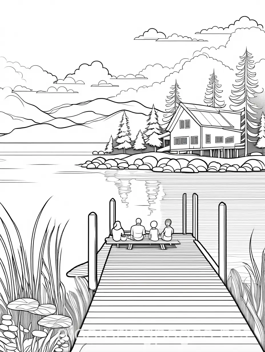A calm lakeside a wooden pier, and a family having a picnic on the grassy shore., Coloring Page, black and white, line art, white background, Simplicity, Ample White Space. The background of the coloring page is plain white to make it easy for young children to color within the lines. The outlines of all the subjects are easy to distinguish, making it simple for kids to color without too much difficulty