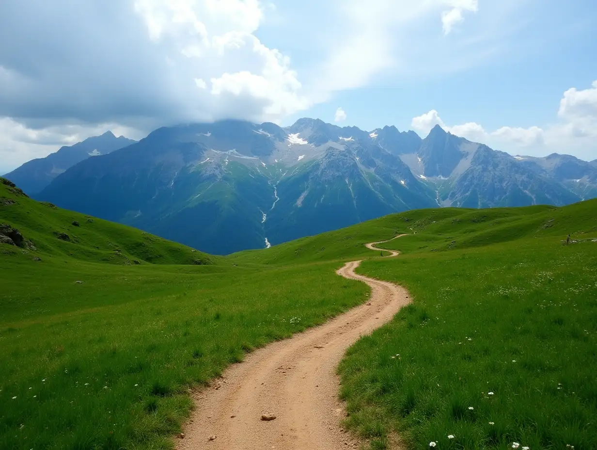 Winding dirt path leading through a lush green meadow with majestic mountain range in the background under a cloudy blue sky.