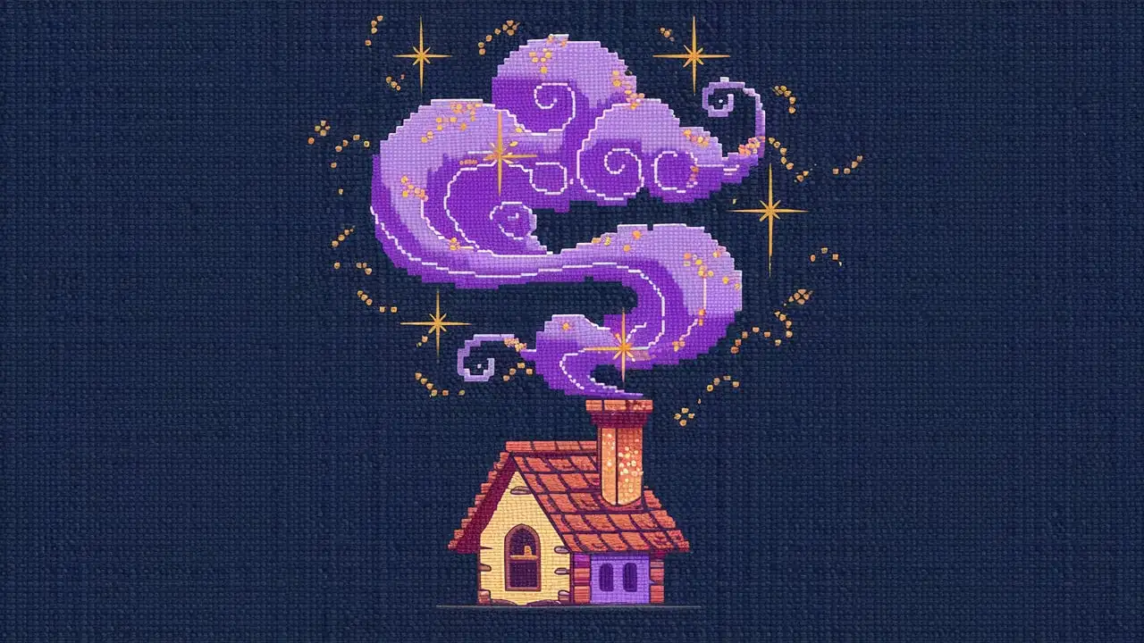 Whimsical Cross Stitch of Magical Purple Smoke with Golden Sparkles