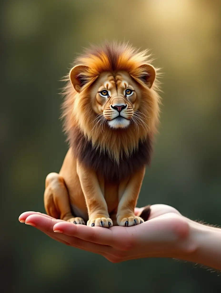 Tiny-Lion-Sitting-on-Human-Hand-in-a-Nature-Setting