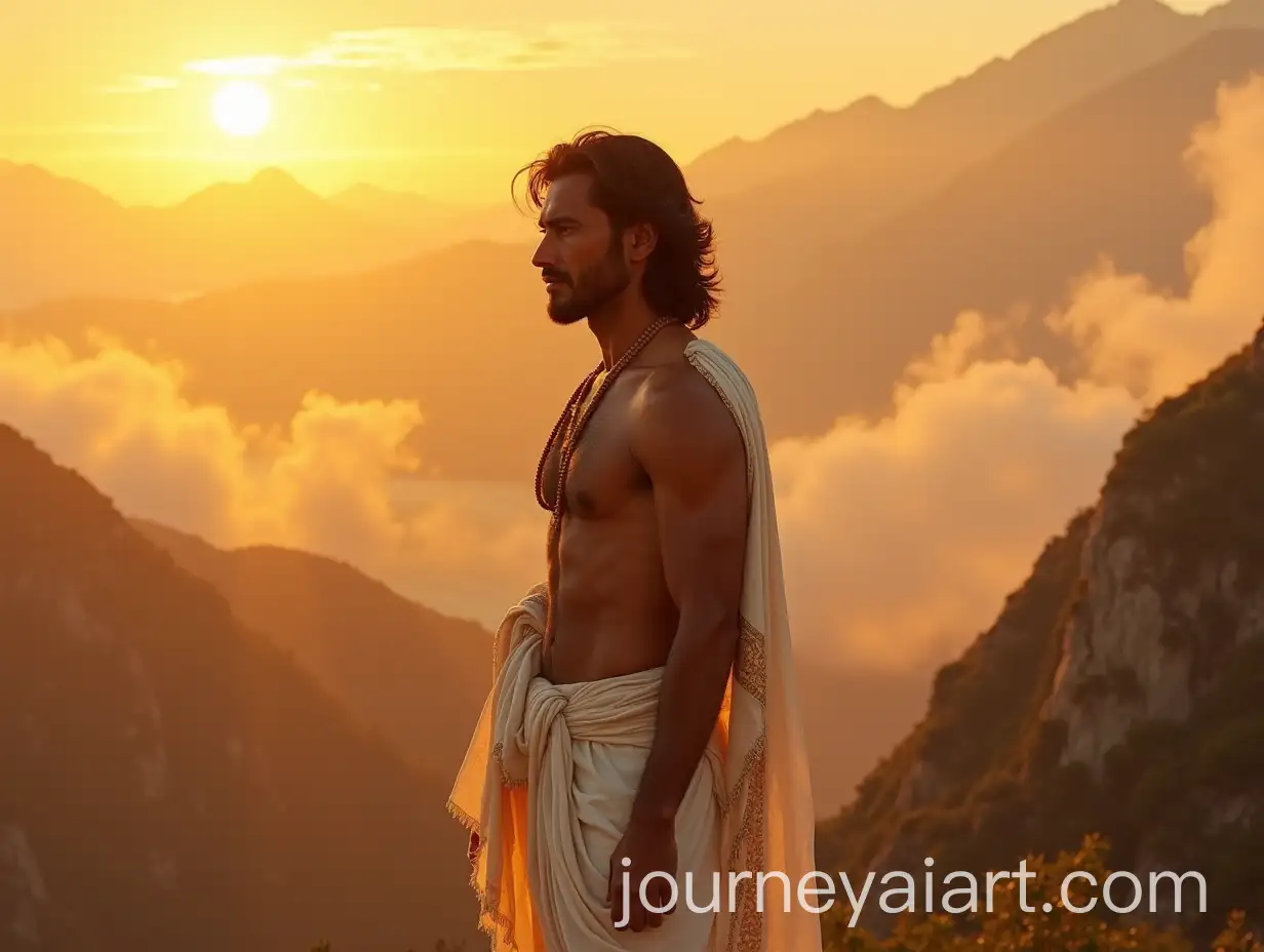 Charismatic-Man-in-Dhoti-Standing-on-Cliff-at-Sunrise-with-Swirling-Clouds