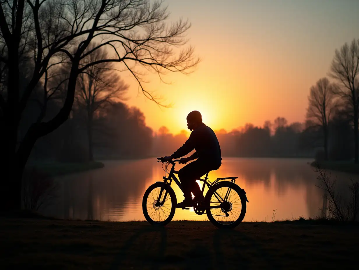 A bike silhouette by the pond