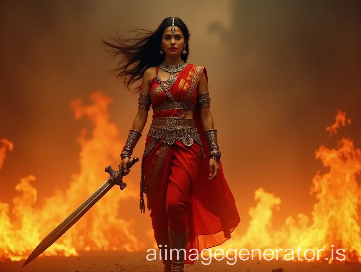 generate a realistic image with a cinematic effect of a brave beautiful Indian woman warrior princess with open hair, wearing beautiful armor over a red saree and stepping out of fire around her with a magnificent sword in her hand. full image.