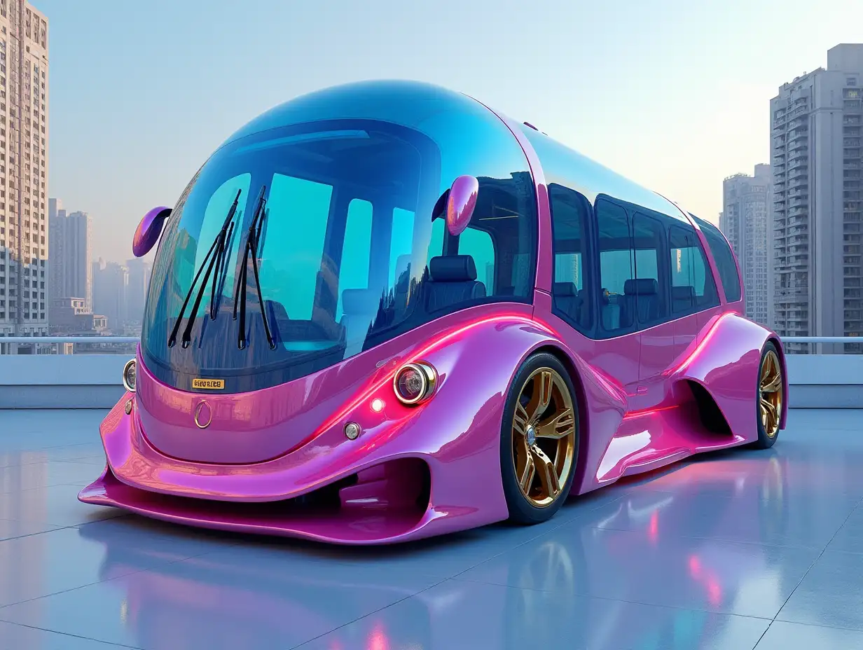 A supermodern utopian sports Omnibus with pink blitz blue color,with lowered body, 18-inch rims, aluminum wheels, cream blue gold, Cyberpunk.