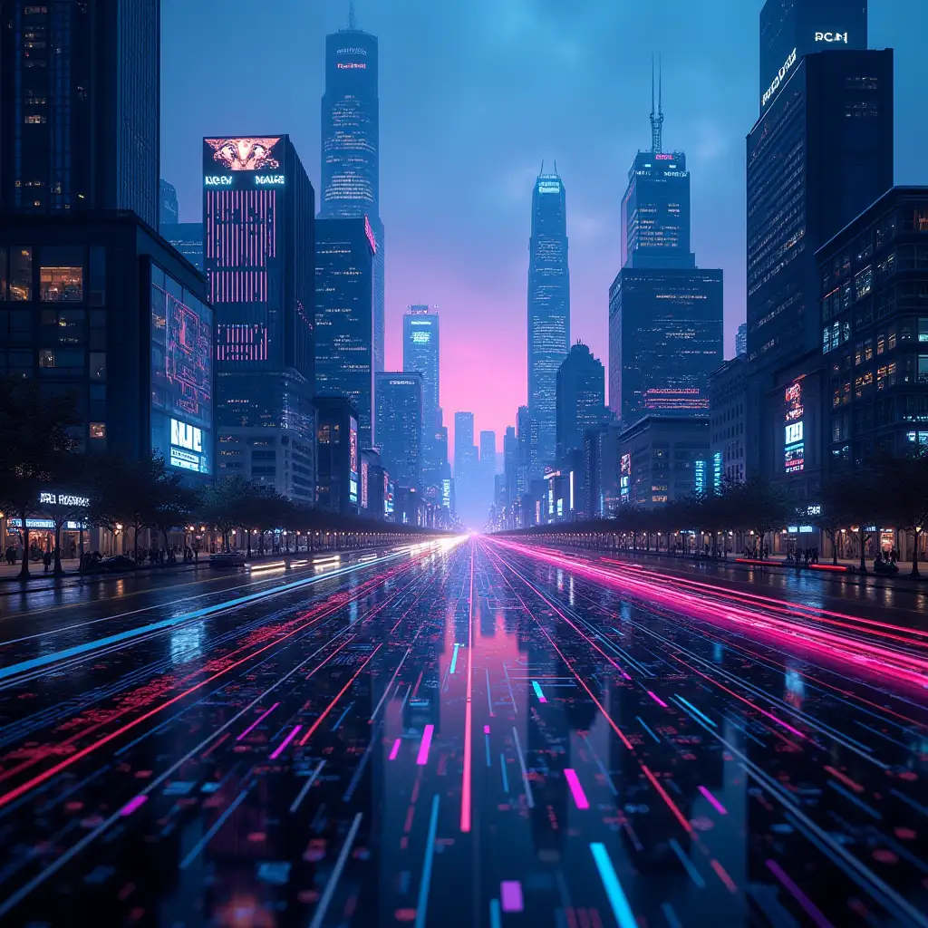 A futuristic, neon-lit cityscape at dusk or nighttime, with sleek skyscrapers and bustling streets. In the foreground, a distorted, glitch-art representation of a computer circuit board, binary code, or a futuristic interface. The color palette could feature a predominantly dark tone, with neon blues, pinks, and purples accentuating the futuristic and cyberpunk elements. Style and Effects: The image could incorporate glitch art effects, such as distorted pixels, data corruption, or other digital errors, to reinforce the song's themes of technological overload and digital chaos. A sense of movement and energy could be conveyed through blurred or dynamic elements, such as streaks of light or abstract shapes. The overall design should be sleek, modern, and attention-grabbing, with a clear focus on digital and futuristic aspects. Additional Design Elements: To further enhance the photo, additional design elements could include: - A subtle grid or matrix pattern in the background, to reinforce the digital theme. - A faint, glowing effect around the glitch-art elements, to give the image a sense of depth and energy.