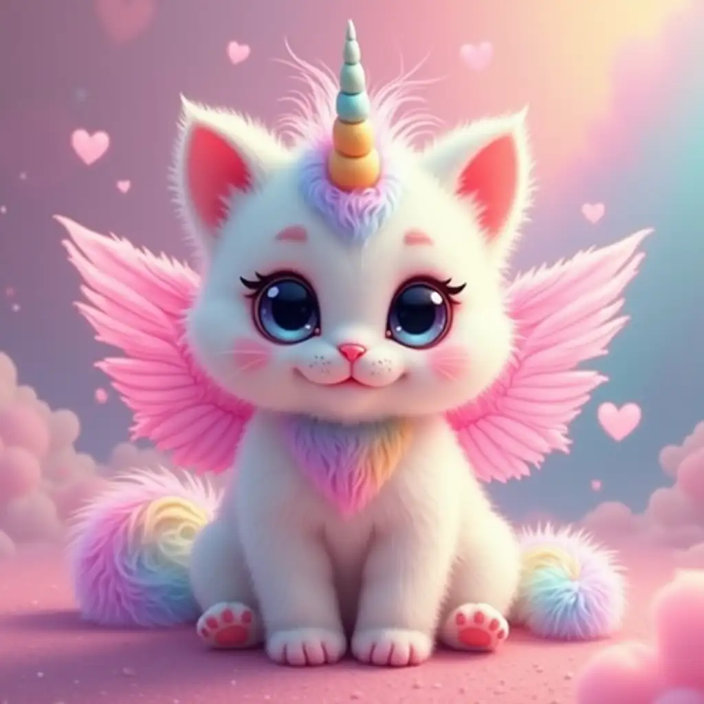 Cute, big eyes, rainbow furr, hybrid kitten unicorn. With furry pink wings. Background is like colorful heaven. Use heart shapes on kitten. Heart cheast.