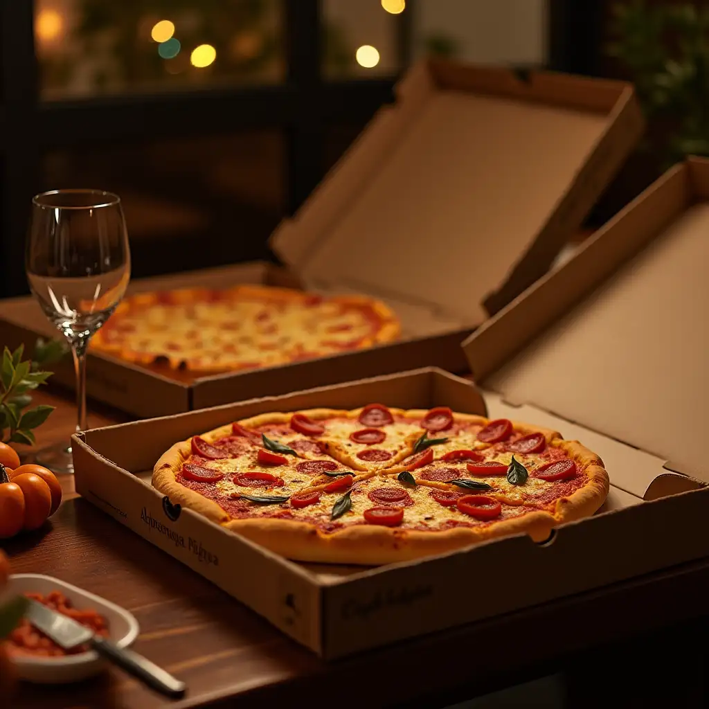 pizza boxes on the dinner table, only pizza for dinner, fall mood, detail photo