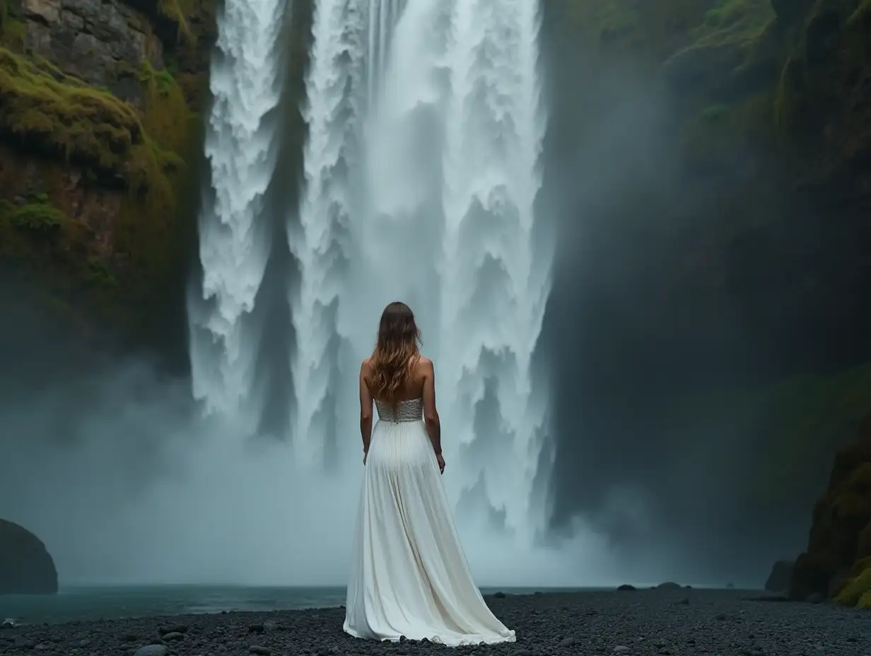 a woman about 40 ages in white dress around a waterfall, who stand under litterally waterfall, feels calm, general plan