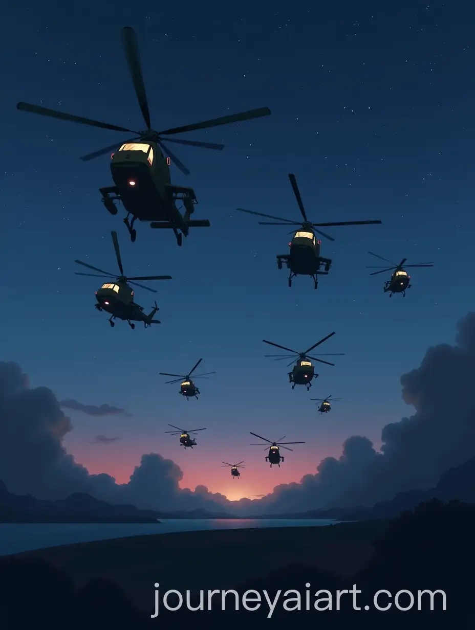 27-Helicopters-Approaching-Military-Airbase-at-Dusk-in-Anime-Style