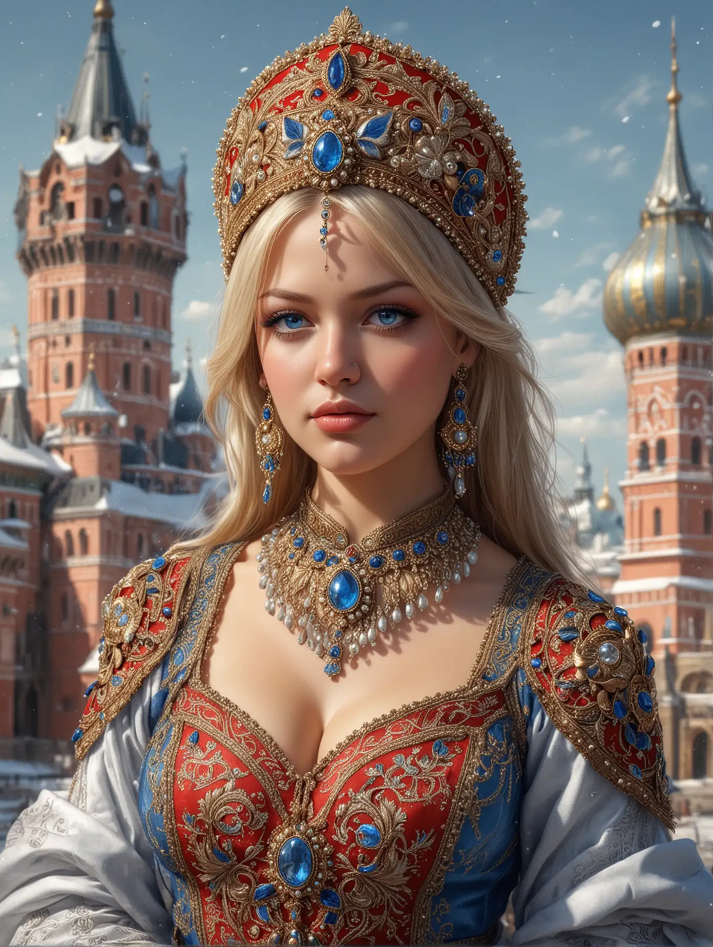 Eye level view captured, Highly detailed pencil sketch and charcoal drawing of a beautiful Alexis Texas with awesome cleavage, digital drawing mode, Russia-themed anime female character, long hair adorned with a kokoshnik (traditional Russian headpiece) decorated with pearls, striking blue eyes, wearing a luxurious red and gold sarafan with intricate embroidery, standing in front of a snowy Kremlin, holding a samovar in one hand, radiant skin, proud and regal expression, full body, dynamic pose, life size, perfect anatomy, full HD, 4K, HDR, perfect anatomy, intricate details, unusual, sharp focus, matte colorful organic shape, masterpiece art, high resolution, concept art, cinematic visual effect