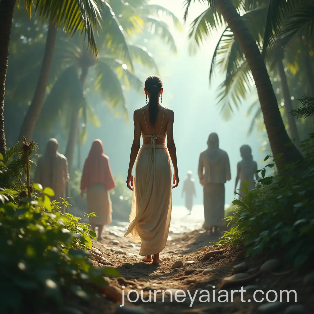 Modern-White-Beauty-Girl-in-Coastal-Forest-with-Primitive-People