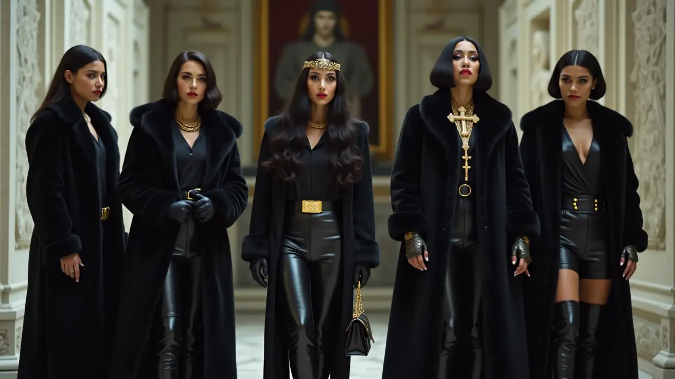 group  of women in long black fur coat, black bowl haircut with golden headband, heavy black make up on the face, black blouse with golden buttons, gold chain neck collar, black leather gloves, black leather shiny pants with gold belt, thigh high black leather shiny platform boots, black leather purse with golden ornaments, in her hands she hold golden rosary with crucifix, full body view, marble arched corridor inside the cemetery overlooking marble sarcophagus, women are crying 