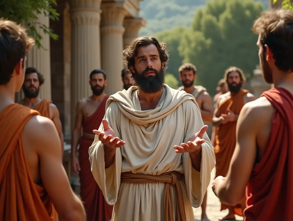 Ancient Greek philosopher in robes, teaching a group of students outdoors, 4th century BC, Greek togas, in an ancient Greek marketplace, calm facial expressions and open hands, surrounded by classical columns and greenery, mid-shot, hyper-realistic, photo realism, cinematography