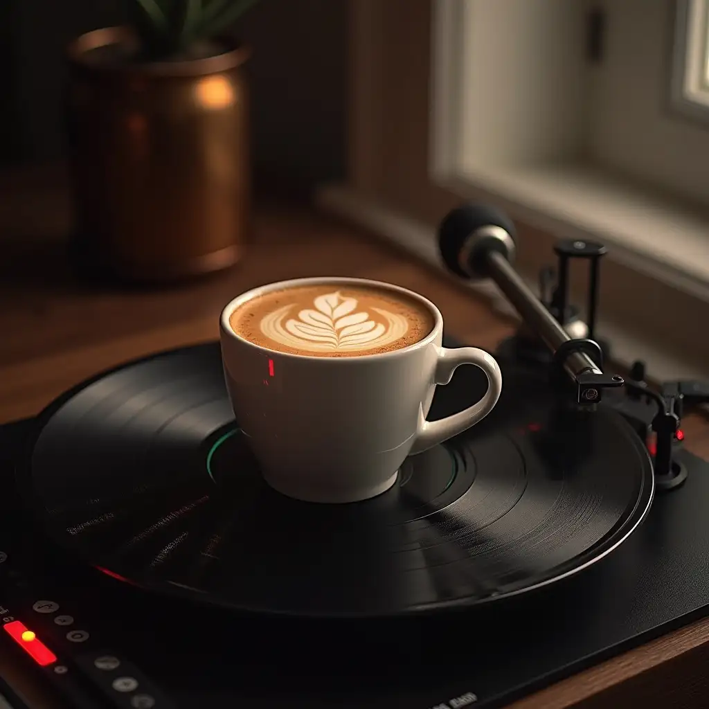 create picture for music on YouTube picture of espresso on vinyl in space