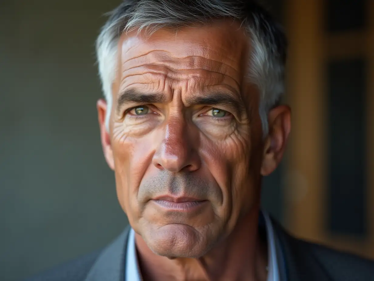 massive square male smoothly shaved face, skin in fine wrinkles in close-up in the frontal view does not go beyond the edges of the picture. large brow arches. small eyes. small upturned nose. grey hair cut short with a brush without baldness. expression of the face calm and serious.