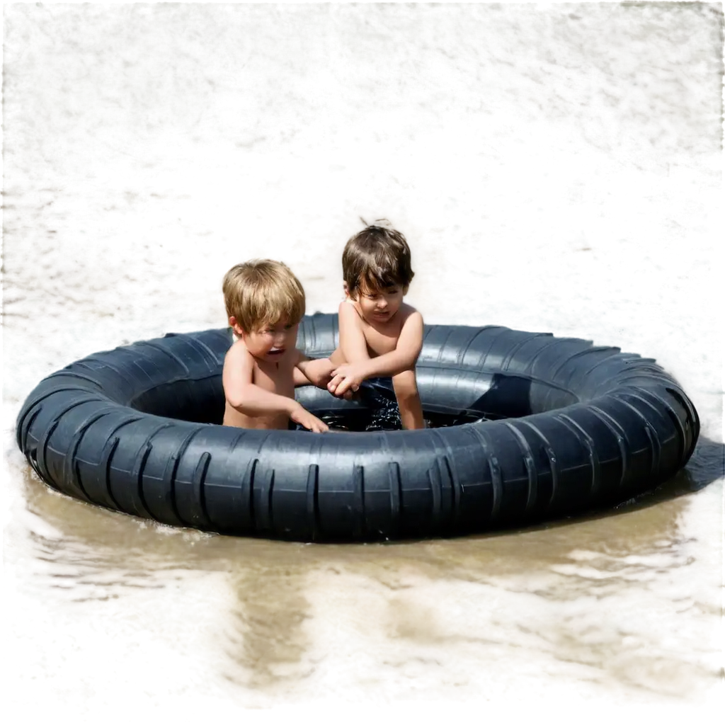 Boy-Inside-a-Truck-Tire-Raft-Going-Down-the-River-Stream-PNG-Image-for-HighQuality-Visuals