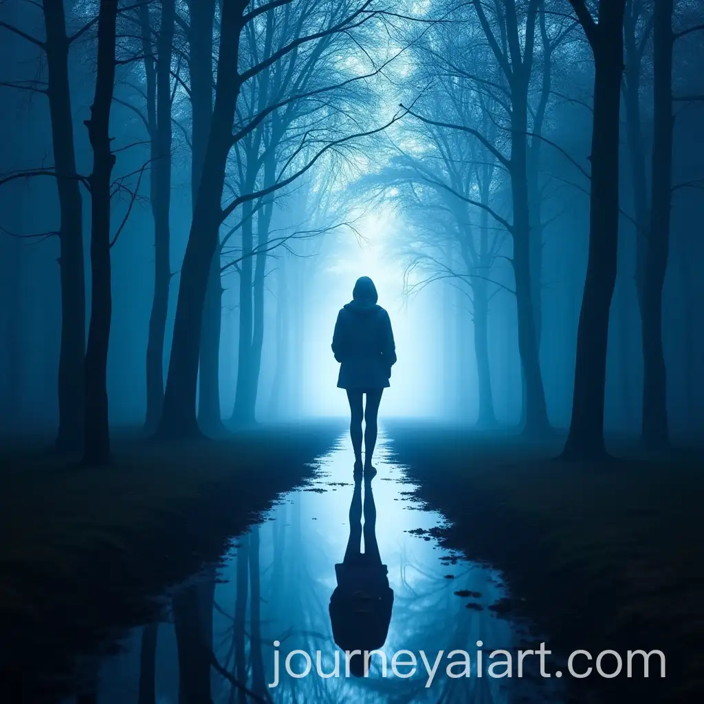 Person-Walking-Through-Enchanted-Blue-Forest-Towards-Bright-Light