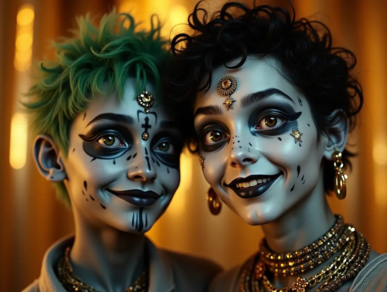 Two young men with black and white patterned faces, alien features, green hair, a slight smile on their faces, accentuating their smiles, modern retro jewelry, in a temple with much gold in various shades 4k