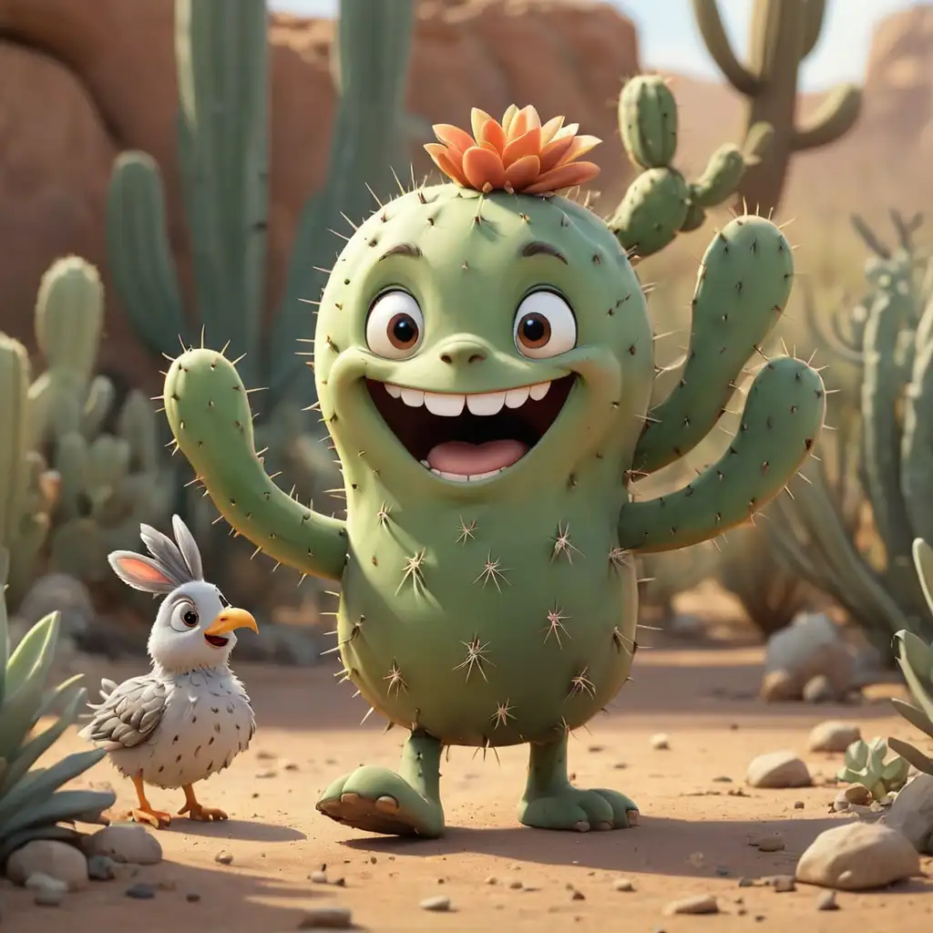 Cheerful Cartoon Cactus Walking with Quail