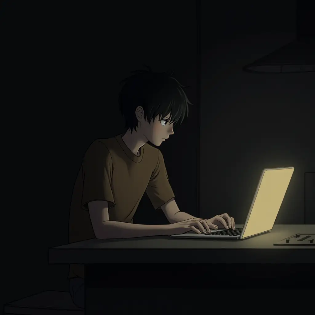 A boy in a brown t-shirt. He has black hair. He is sitting on the kitchen counter. Next to him there is a  glowing laptop. The whole picture is dark and creepy. Anime style.