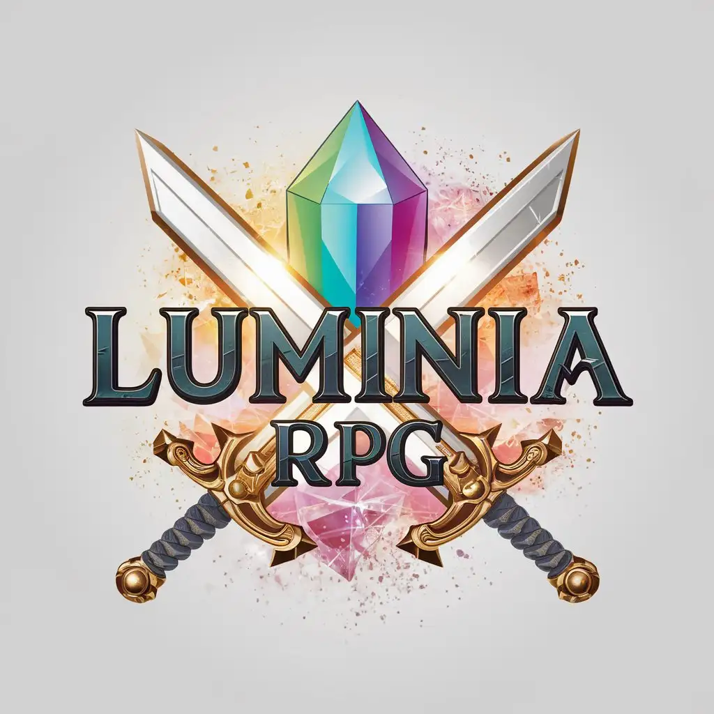 LOGO Design for Luminia RPG Colorful Crystals and Crossed Swords in Fantasy Theme