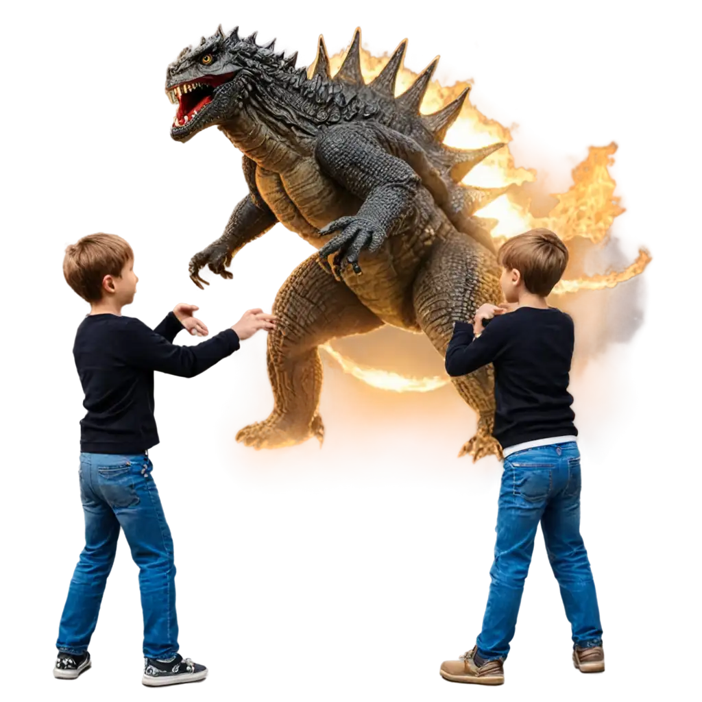 twin young boys battling godzilla with dramatic lighting