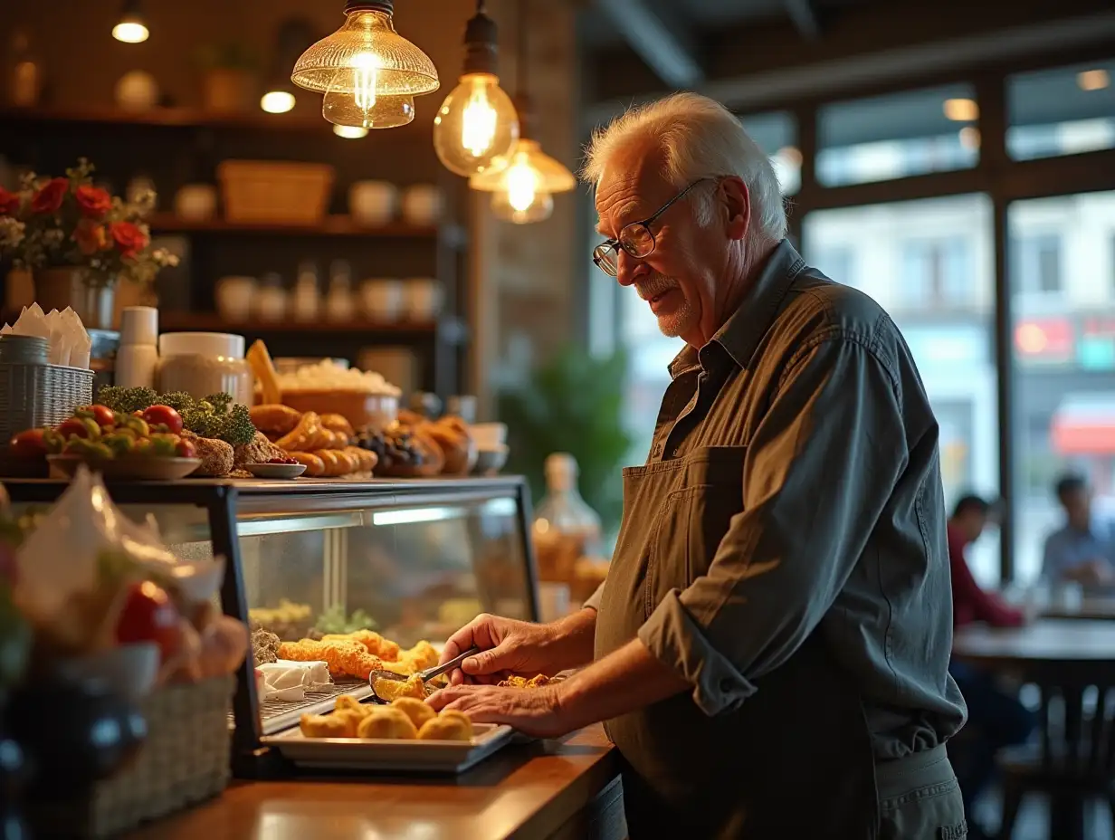 corner cafe, counter in the store with food being recommended by a protruding belly old man