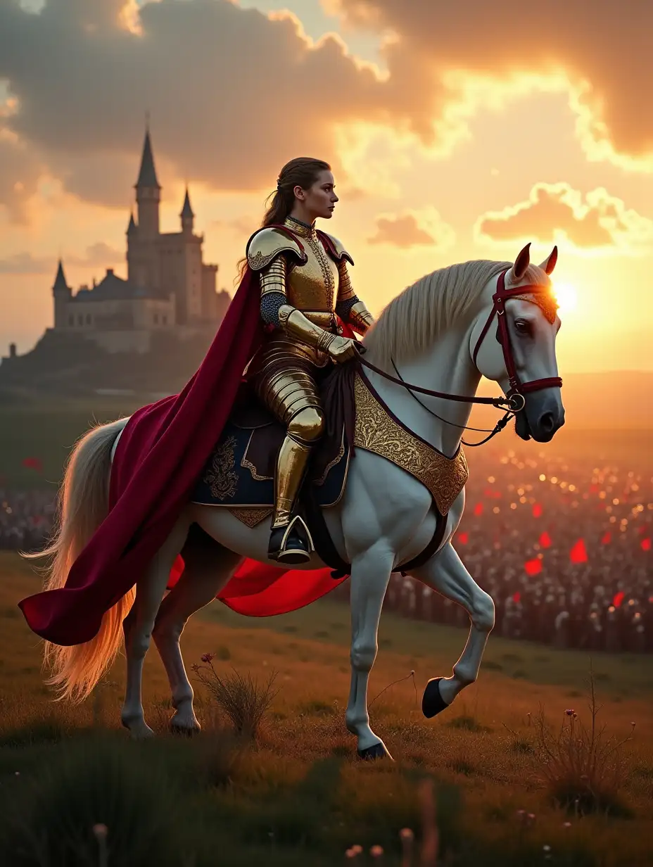 Queen-Elizabeth-I-on-White-War-Horse-with-Royal-Army-in-Background-at-Sunset